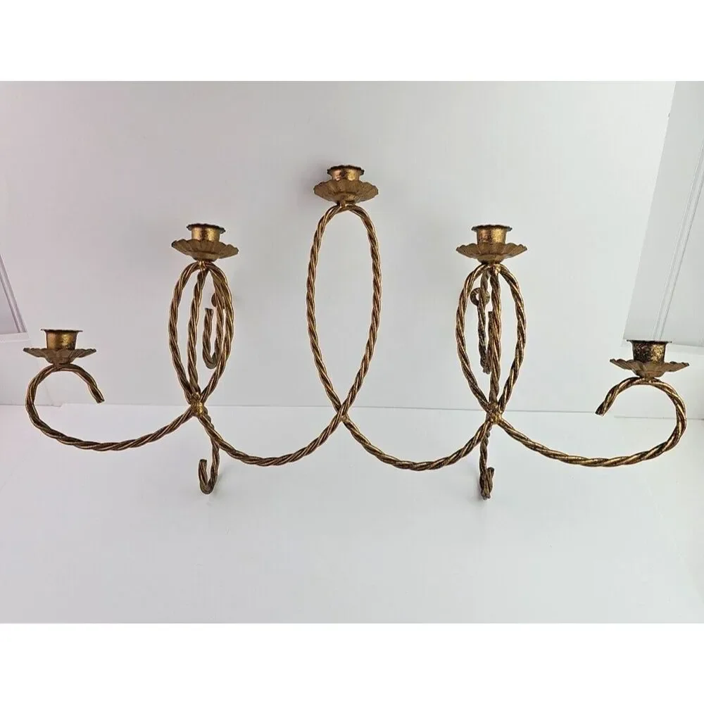 Vtg HOME INTERIOR Homco Gold Metal Twisted Rope Wall Sconce 5 Candle Holder 22in